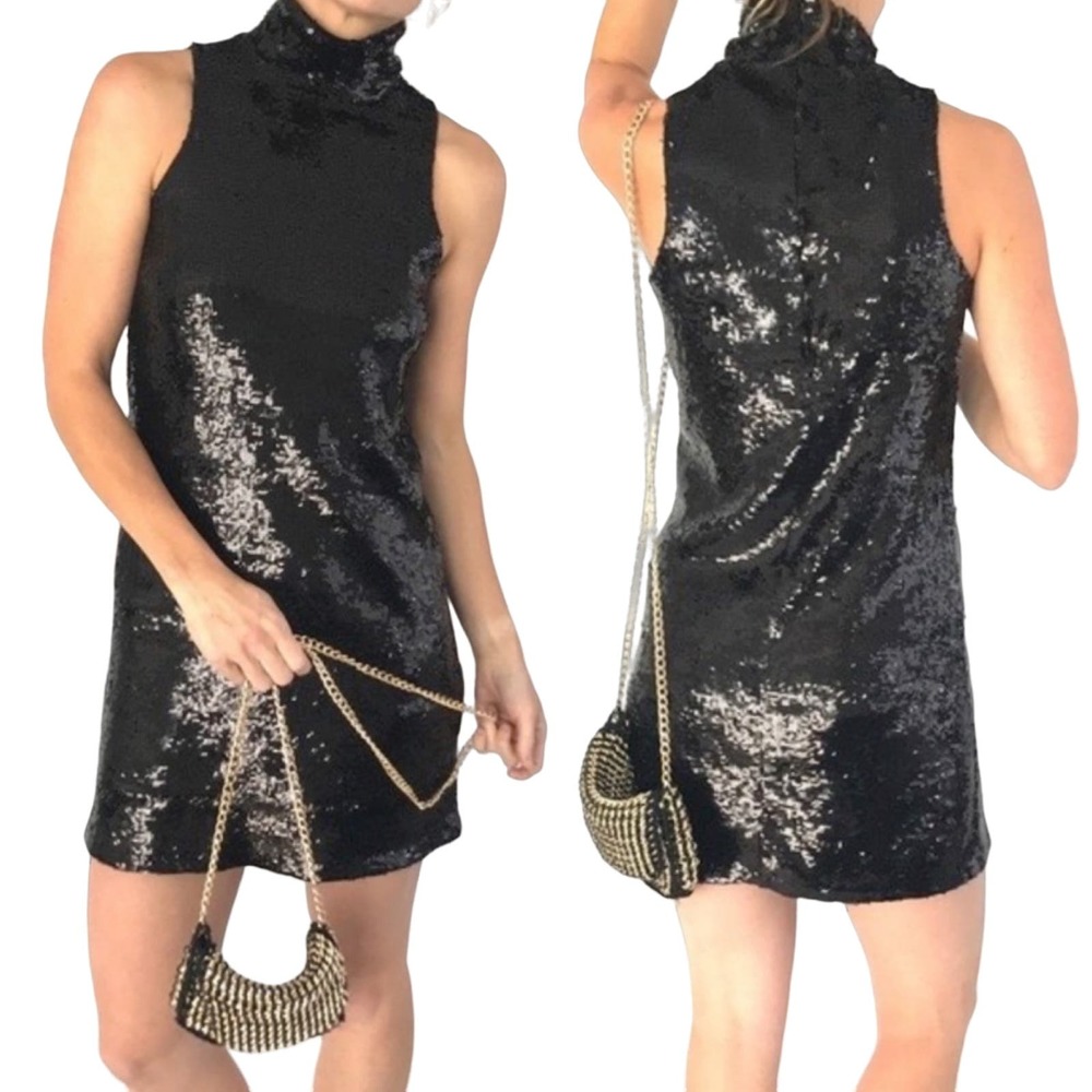 Alice + Olivia Sequin Mini Dress Mock Neck Tank Sleeveless Black Womens size XS